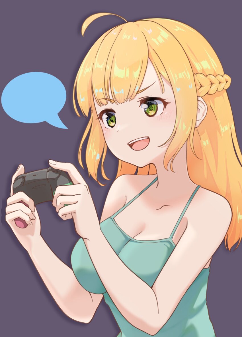 1girl, :d, ahoge, bare_arms, bare_shoulders, blank_speech_bubble, blonde_hair, braid