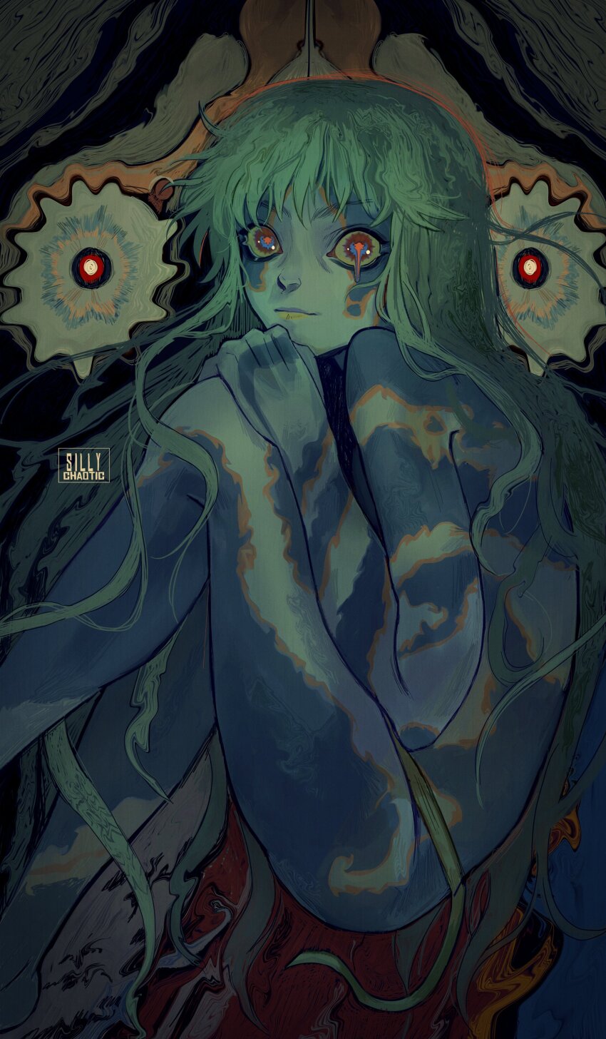 1boy, absurdres, artist_name, blue_eyes, bodypaint, colored_skin, facepaint, green_hair, highres, hugging_own_legs, light_smile, long_hair, looking_at_viewer, multicolored_eyes, nude, puparia, realistic, red_eyes, silly_chaotic, solo