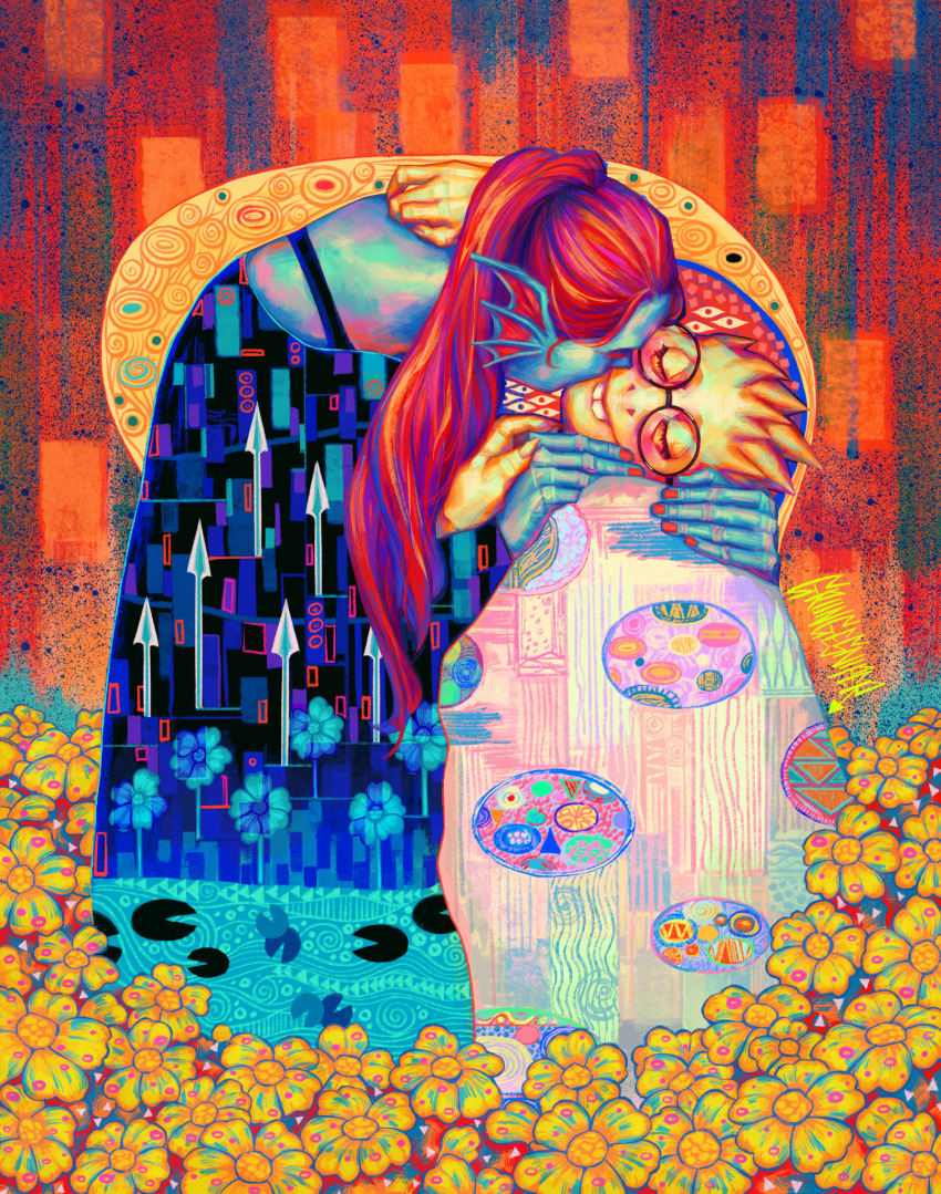 2girls, alphys, arrow_print, artist_name, blue_skin, closed_eyes, colored_skin, commentary