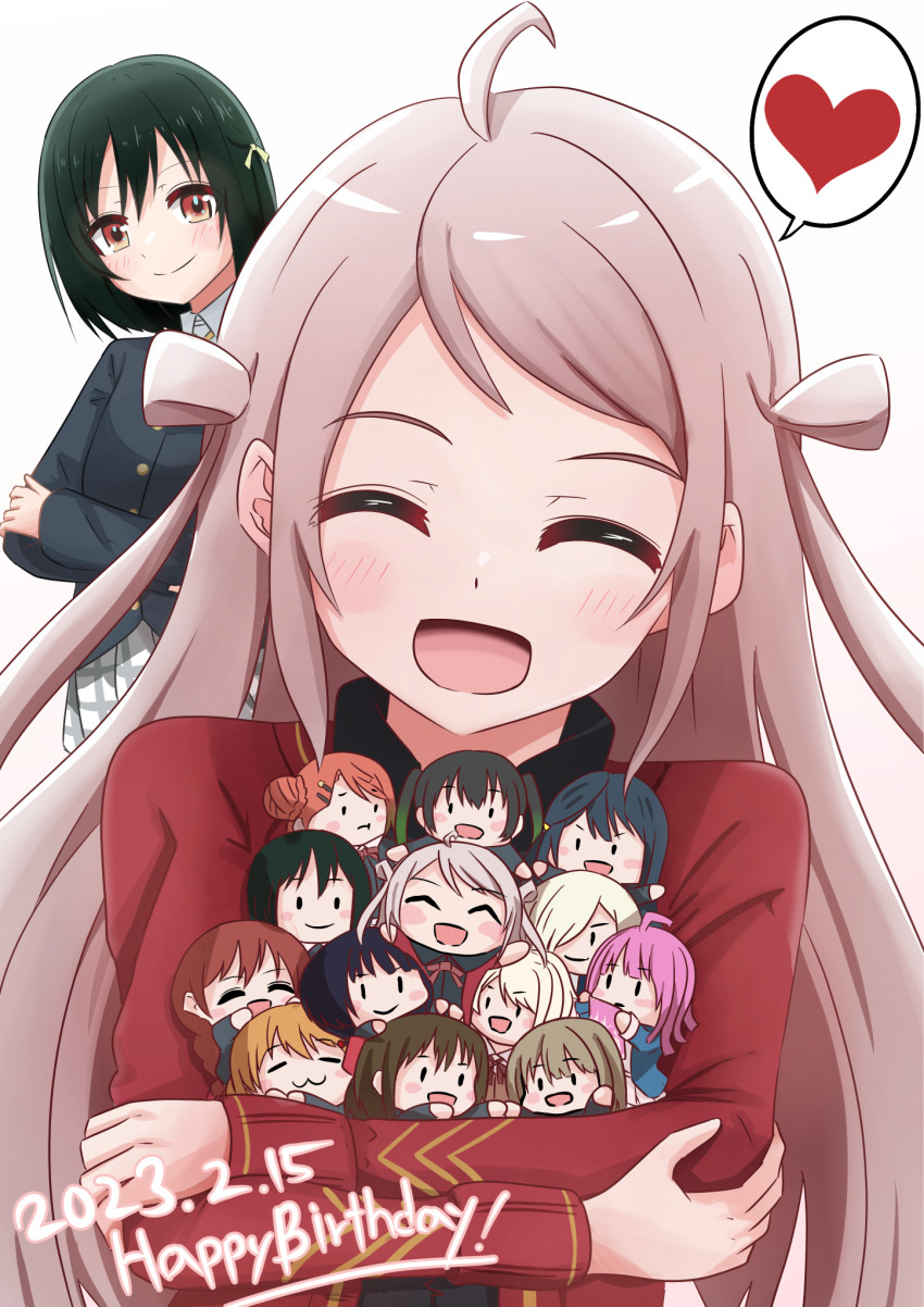 2girls, ahoge, asaka_karin, birthday, blush, cardigan, closed_eyes, commentary, dark_green_hair, dated, emma_verde, english_text, hair_rings, happy_birthday, heart, highres, konoe_kanata, long_hair, love_live!, love_live!_nijigasaki_high_school_idol_club, mia_taylor, mifune_shioriko, miyashita_ai, multiple_girls, nakasu_kasumi, nijigasaki_school_uniform, noseru, orange_eyes, osaka_shizuku, pink_hair, red_cardigan, school_uniform, sidelocks, smile, speech_bubble, takasaki_yu, tennoji_rina, two_side_up, uehara_ayumu, upper_body, yuki_setsuna, zhong_lanzhu