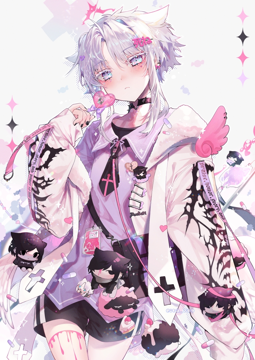 1boy, absurdres, aegyo_sal, artist_name, bag, black_collar, black_nails, black_necktie