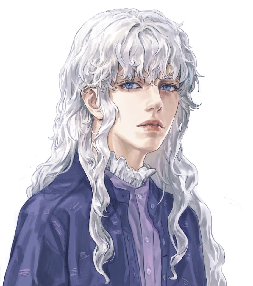 1boy, berserk, blue_eyes, closed_mouth, frilled_shirt_collar, frills, griffith_(berserk), highres, lips, long_hair, looking_at_viewer, male_focus, natsuhiro, simple_background, solo, wavy_hair, white_background, white_hair