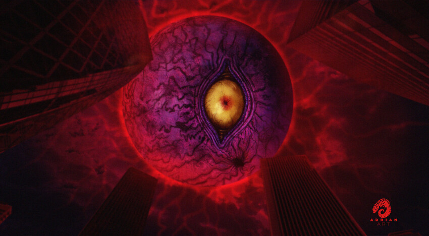 artist_name, aura, building, eidorian, eldritch_abomination, email_address, grand_scale, hellstar_remina_(character), highres, horror_(theme), jigokusei_remina, monster, one-eyed, planet, remina_(jigokusei_remina), skyscraper, yellow_eyes