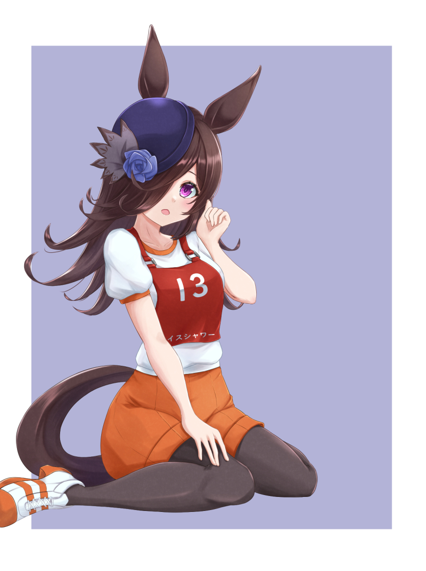 1girl, animal_ears, black_hair, blue_hat, full_body, gym_uniform, hair_over_one_eye, hat