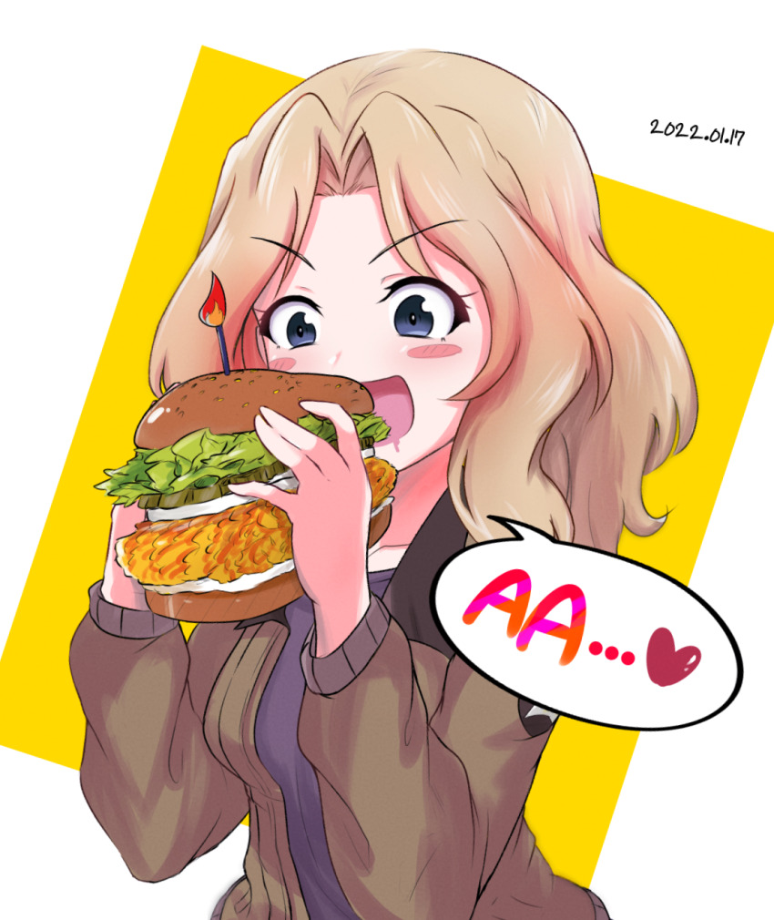 1girl, :d, amogan, black_shirt, blonde_hair, blue_eyes, blush_stickers, brown_jacket, candle, chicken_sandwich, commentary, dated, emblem, food, girls_und_panzer, hair_intakes, heart, highres, holding, holding_food, jacket, kay_(girls_und_panzer), lettuce, long_sleeves, medium_hair, military, military_uniform, open_clothes, open_jacket, open_mouth, pickle, saliva, saunders_military_uniform, shirt, smile, solo, speech_bubble, star_(symbol), upper_body