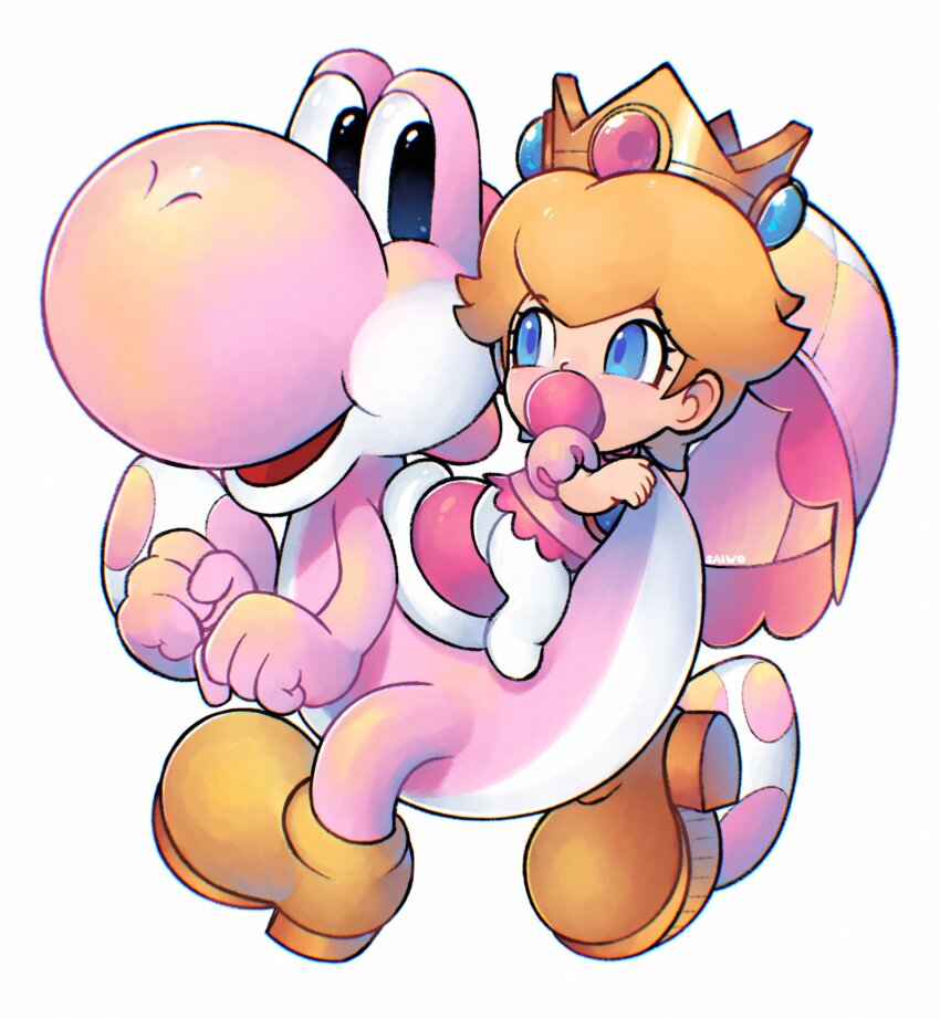 1girl, baby_peach, blonde_hair, blue_eyes, boots, brown_footwear, crown, diaper