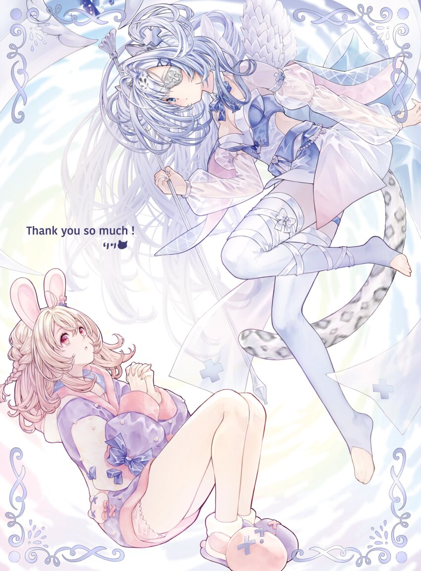 2girls, absurdres, animal_ears, bloomers, breasts, commission, eyepatch, full_body