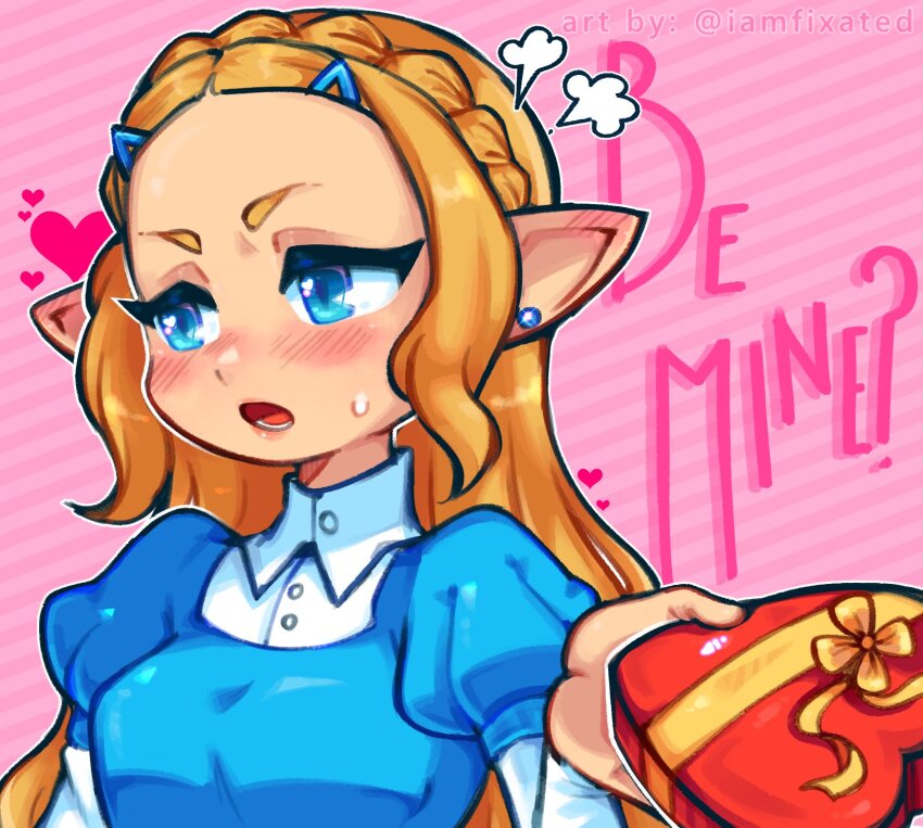 1girl, blonde_hair, blue_dress, blue_eyes, blush, breasts, dress, earrings, elf, gift, hair_ornament, hairbraid, hairclip, heart, highres, iamfixated, jewelry, long_hair, medium_breasts, nintendo, open_mouth, pointy_ears, princess_zelda, simple_background, solo, teeth, the_legend_of_zelda, the_legend_of_zelda:_breath_of_the_wild, upper_body