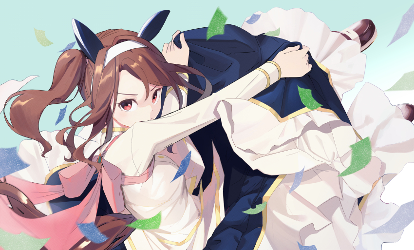 1girl, absurdres, animal_ears, blue_skirt, breasts, brown_footwear, brown_hair, closed_mouth