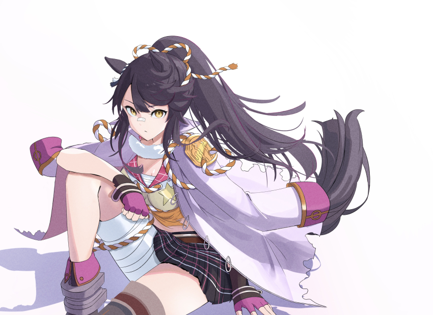 1girl, absurdres, animal_ears, bandaged_leg, bandages, bandaid, bandaid_on_face, bandaid_on_nose