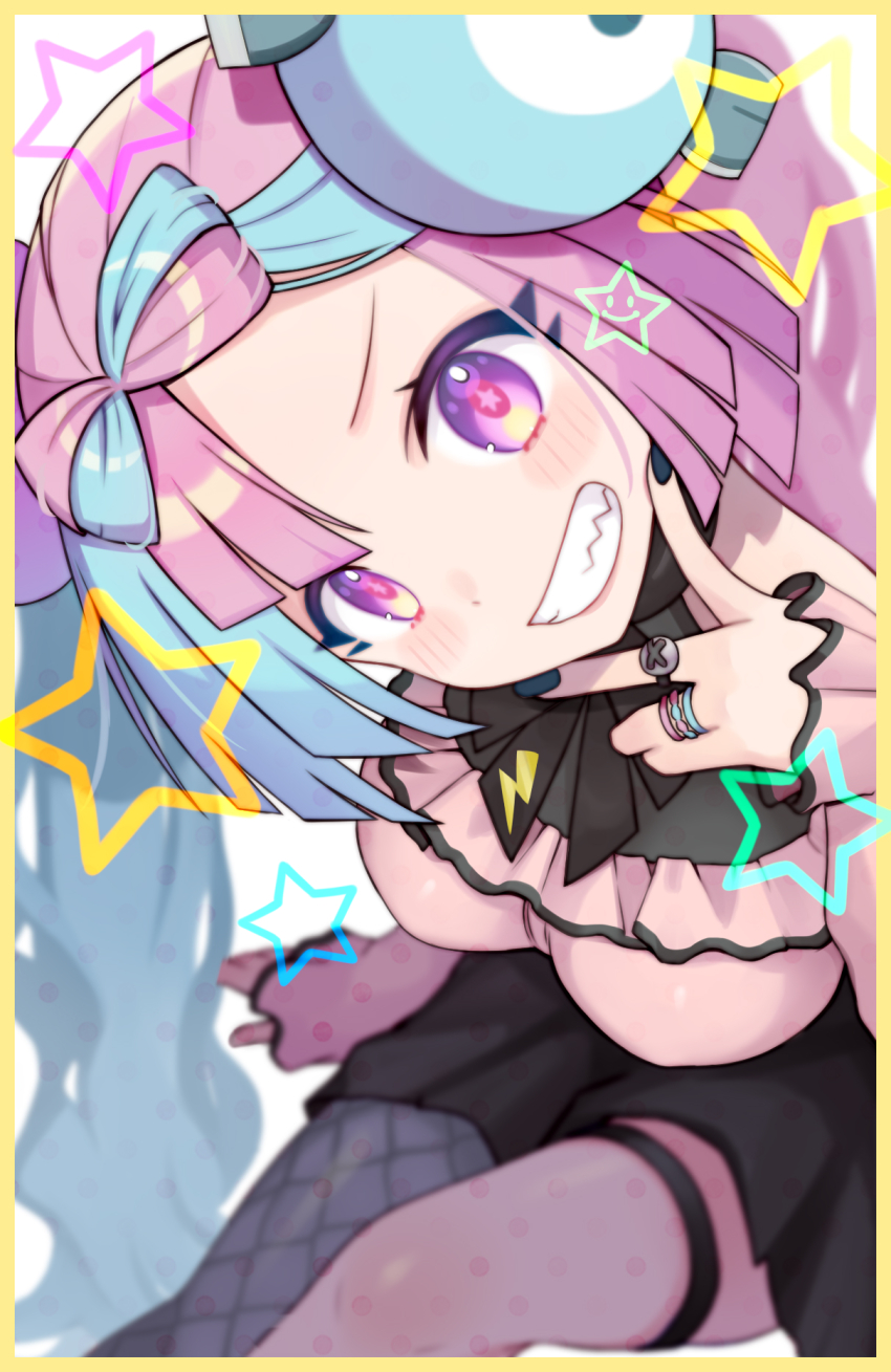 1girl, alternate_costume, aqua_hair, black_nails, black_skirt, blurry, blush_stickers, border, bow-shaped_hair, breasts, character_hair_ornament, fingernails, frilled_shirt, frills, from_above, grey_pantyhose, hair_ornament, head_tilt, highres, iono_(pokemon), jewelry, jirai_kei, large_breasts, lightning_bolt_print, long_sleeves, looking_at_viewer, multicolored_hair, nail_polish, nintendo, outside_border, pantyhose, pink_hair, pink_shirt, pink_thighhighs, pokemon, pokemon_scarlet_and_violet, polka_dot, purple_eyes, ring, sharp_teeth, shiro_(branch0126), shirt, single_leg_pantyhose, single_thighhigh, sitting, skirt, sleeveless, sleeveless_shirt, sleeves_past_wrists, smile, solo, split-color_hair, star_(symbol), star_in_eye, symbol_in_eye, teeth, thighhighs, two-tone_hair, v, v-shaped_eyebrows, v_over_mouth, x_(symbol), yellow_border