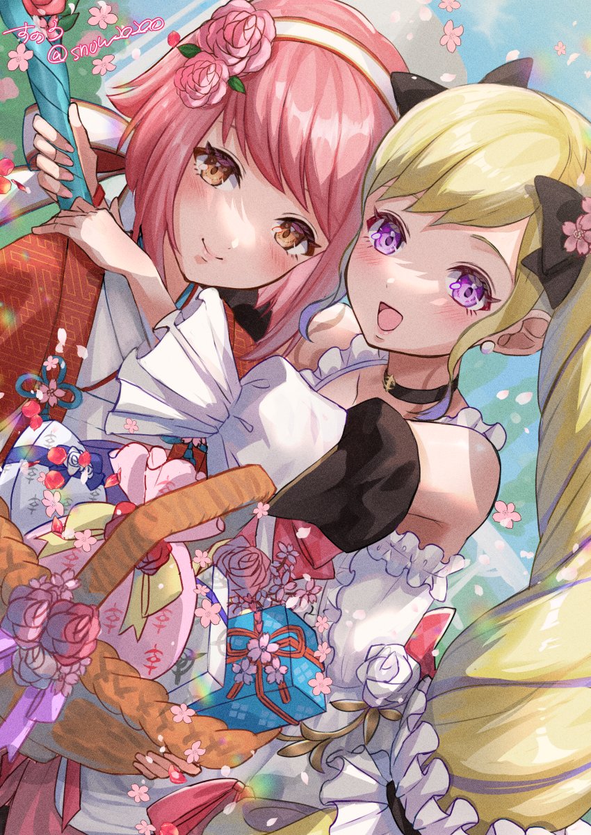 2girls, :d, bare_shoulders, blonde_hair, blush, bow, brown_eyes, capelet