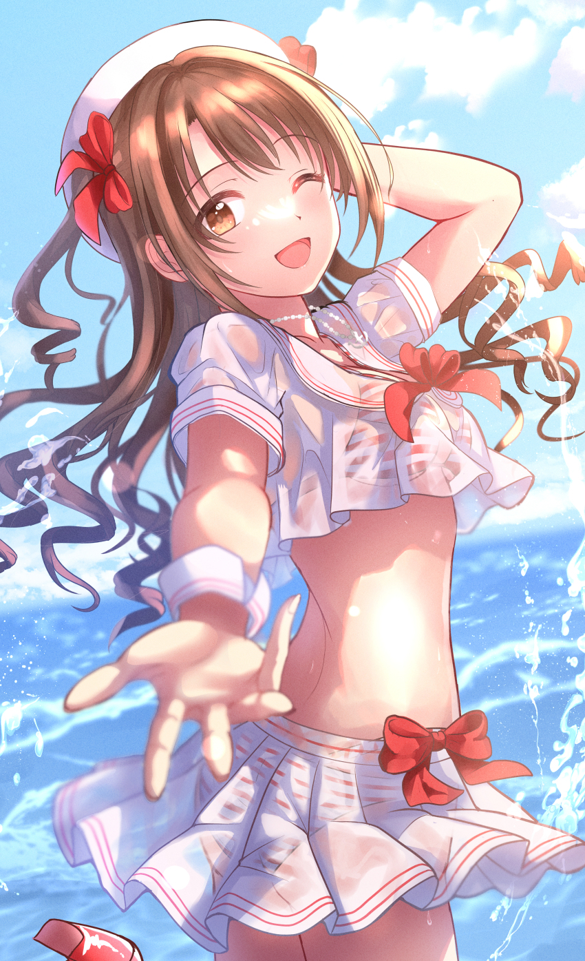 1girl, absurdres, arm_behind_head, bikini, brown_eyes, brown_hair, citrusmikan, cloud, cloudy_sky, highres, idolmaster, idolmaster_cinderella_girls, long_hair, one_eye_closed, open_mouth, red_ribbon, ribbon, shimamura_uzuki, shirt, skirt, sky, swimsuit, wet, wet_clothes, wet_shirt, white_skirt