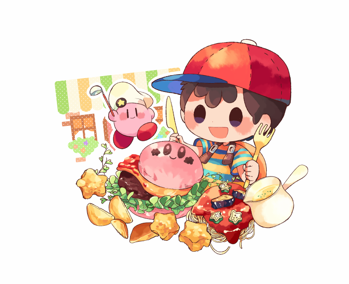 1boy, :d, baseball_cap, black_hair, blue_shirt, blush, blush_stickers, burger, bush, cheese, chef_hat, closed_mouth, commentary_request, food, fork, hands_up, hat, hitofutarai, holding, holding_fork, holding_knife, holding_ladle, ketchup, kirby, kirby_(series), kirby_burger, kitchen_knife, knife, ladle, lettuce, male_focus, mother_(series), mother_2, multicolored_clothes, ness_(mother_2), nintendo, open_mouth, pasta, pitcher_(container), potato_wedges, red_headwear, shirt, short_hair, short_sleeves, simple_background, smile, solid_oval_eyes, spaghetti, star_(symbol), striped_clothes, striped_shirt, t-shirt, tomato_sauce, two-tone_shirt, upper_body, white_background, white_headwear, window, yellow_shirt
