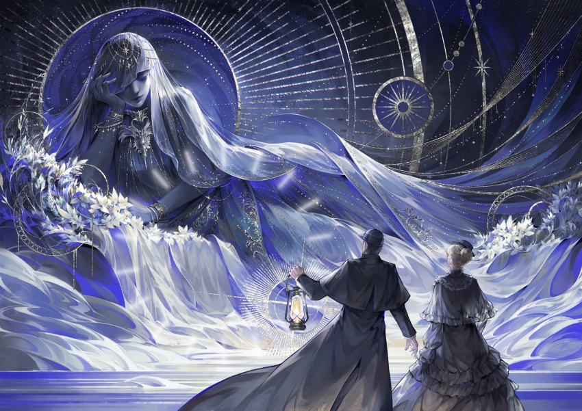 1boy, 2girls, beard, black_dress, black_hair, black_headwear, blonde_hair, chinese_commentary