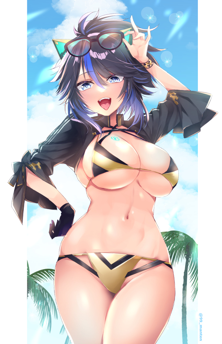 1girl, adjusting_eyewear, animal_ears, arm_up, bikini, black_hair, blue_eyes, blue_hair, blurry, blush, bokeh, bracelet, breasts, cat_ears, cropped_jacket, day, depth_of_field, eyewear_on_head, fake_animal_ears, gloves, halterneck, hand_on_eyewear, hand_on_own_hip, jewelry, kson, large_breasts, lens_flare, long_hair, long_sleeves, looking_at_viewer, micro_bikini, mole, mole_under_eye, multicolored_hair, n_gyou, navel, open_mouth, outdoors, palm_tree, piercing, ponytail, single_glove, skindentation, sky, smile, solo, streaked_hair, sunglasses, swimsuit, tongue, tongue_out, tongue_piercing, tree, two-tone_hair, virtual_youtuber, vshojo