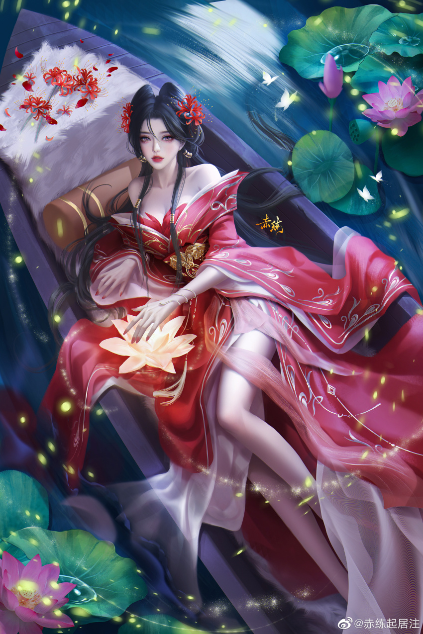 1girl, absurdres, bare_legs, bare_shoulders, barefoot, boat, bug, butterfly, chi_lian_(qin_shi_ming_yue), dress, flower, from_above, full_body, hair_rings, highres, insect, lily_pad, lotus, lying, mingzi_jiao_shushu, night, off-shoulder_dress, off_shoulder, on_side, parted_lips, qinshi_mingyue, red_dress, red_flower, ripples, second-party_source, solo, spider_lily, teeth, watercraft