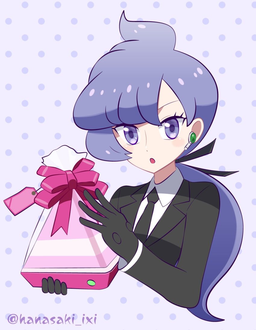 1girl, anabel_(pokemon), black_gloves, collared_shirt, earpiece, gift, gloves, hair_ribbon