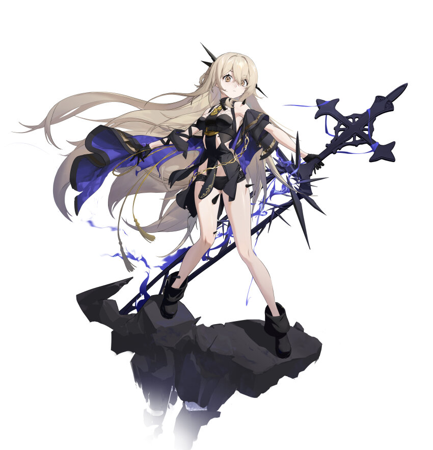 1girl, absurdres, alchemy_stars, areia_(alchemy_stars), bare_shoulders, black_boots, black_dress, black_gloves