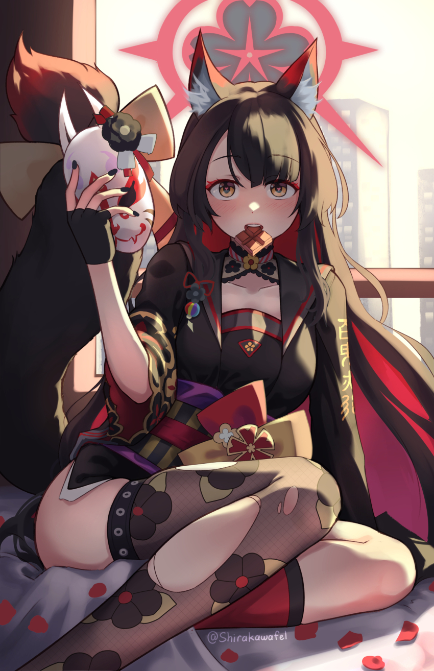 1girl, animal_ear_fluff, animal_ears, asymmetrical_legwear, backlighting, black_gloves, black_nails, blue_archive