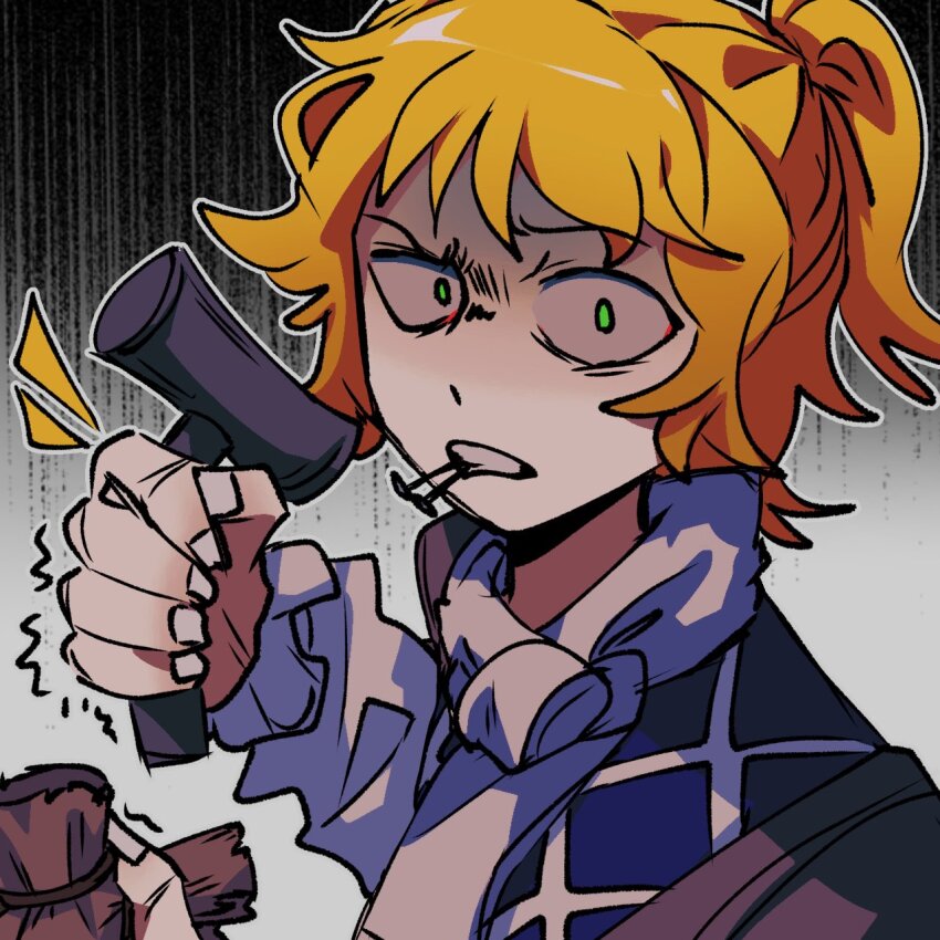 1girl, angry, arm_warmers, blonde_hair, brown_shirt, chinese_commentary, clenched_teeth, commentary_request