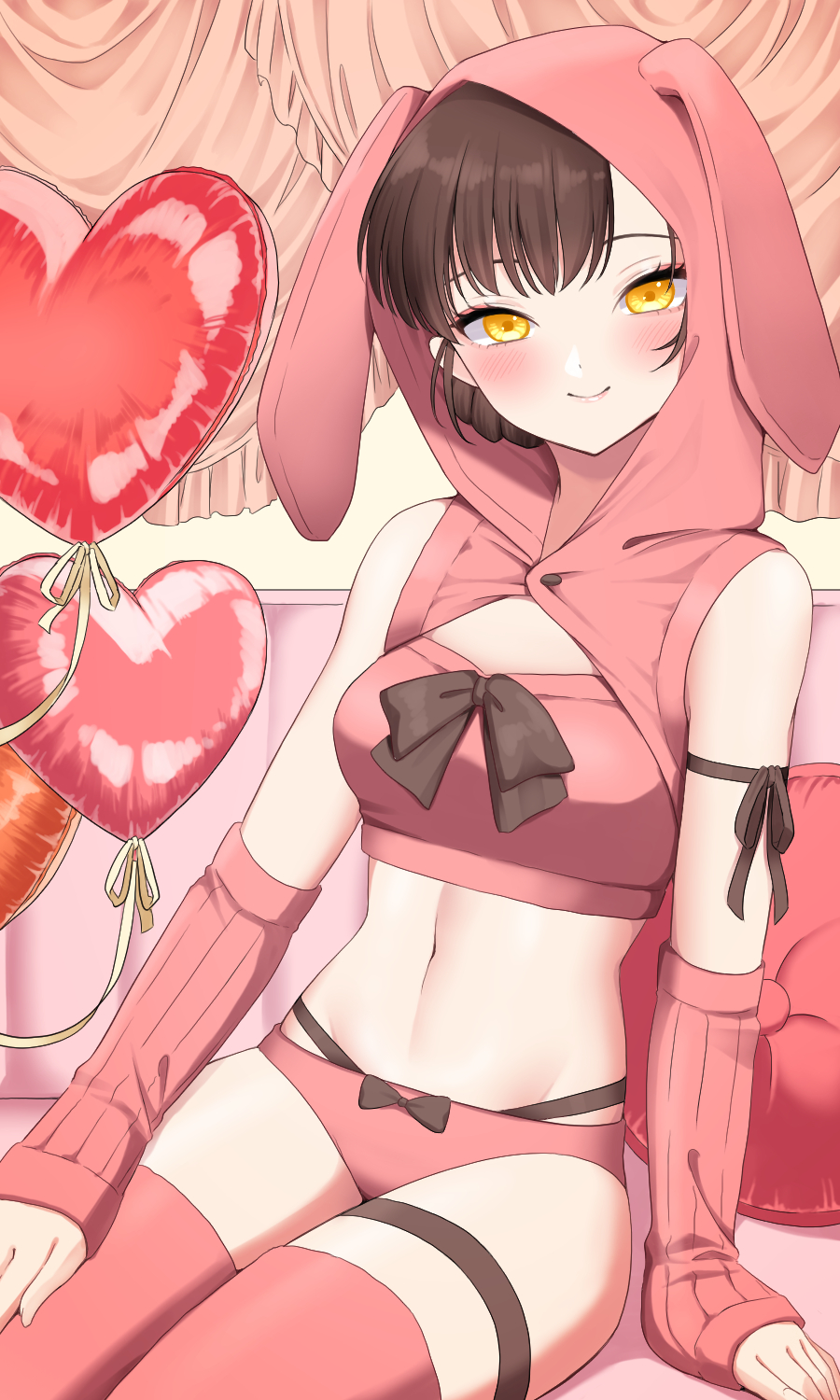 1girl, alternate_costume, animal_ears, animal_hood, arm_ribbon, arm_warmers, balloon, black_ribbon