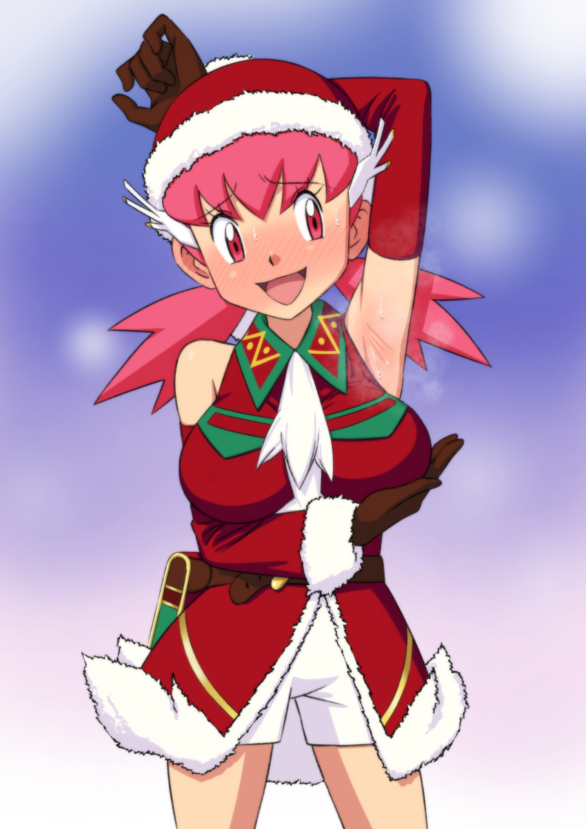 1girl, absurdres, arm_up, armpits, ascot, bare_shoulders, blush, breasts, brown_gloves, commentary_request, cowboy_shot, detached_sleeves, eyelashes, gloves, hat, highres, jacket, large_breasts, long_hair, miraa_(chikurin), nervous_smile, nintendo, official_alternate_costume, pink_eyes, pink_hair, pokemon, pokemon_masters_ex, presenting_armpit, red_hat, red_jacket, santa_hat, shorts, sleeveless, sleeveless_jacket, smile, solo, steam, sweat, twintails, white_ascot, white_shorts, whitney_(holiday_2022)_(pokemon), whitney_(pokemon)