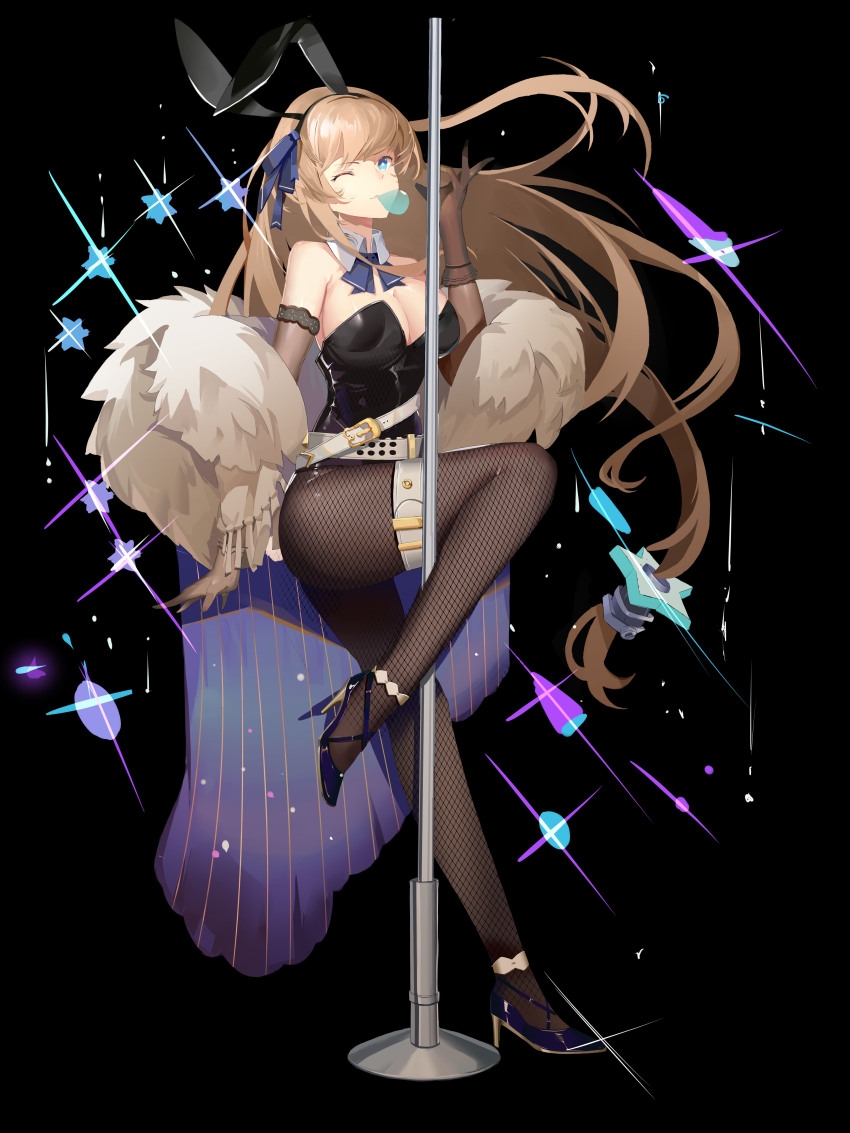 1girl, absurdres, animal_ears, ascot, asymmetrical_gloves, black_footwear, black_gloves, black_hairband, black_leotard, black_pantyhose, blonde_hair, blue_ascot, blue_eyes, breasts, blowing_bubbles, chewing_gum, detached_collar, duotianshi.nian, elbow_gloves, enterprise_(warship_girls_r), fake_animal_ears, fishnet_pantyhose, fishnets, full_body, gloves, hair_ornament, hairband, high_heels, highres, large_breasts, leotard, long_hair, low-tied_long_hair, mismatched_gloves, one_eye_closed, pantyhose, playboy_bunny, pole, rabbit_ears, single_elbow_glove, solo, standing, star_(symbol), star_hair_ornament, strapless, strapless_leotard, stripper_pole, thigh_strap, very_long_hair, warship_girls_r