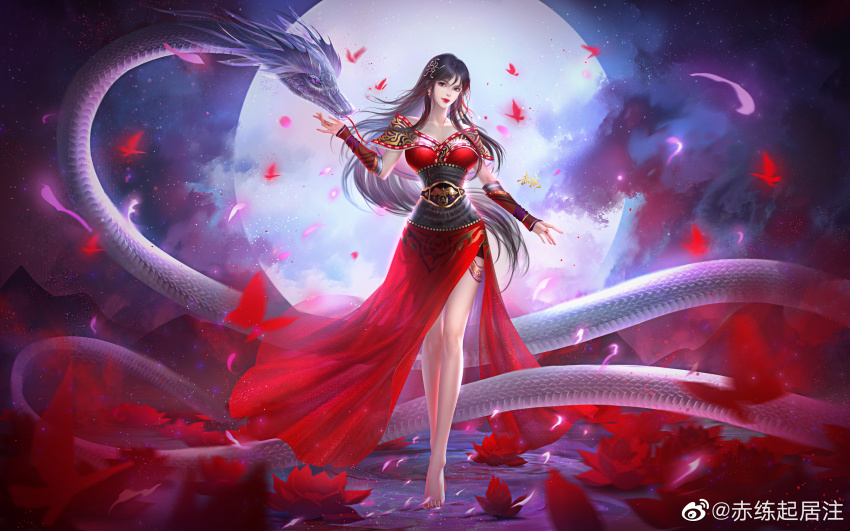 1girl, absurdres, bare_legs, barefoot, black_hair, bug, butterfly, chi_lian_(qin_shi_ming_yue), closed_mouth, dress, full_body, hair_ornament, hand_up, highres, insect, long_hair, moon, narrow_waist, night, qinshi_mingyue, red_dress, sash, second-party_source, smile, snake, solo, xiaoxuan_chuang_wxc
