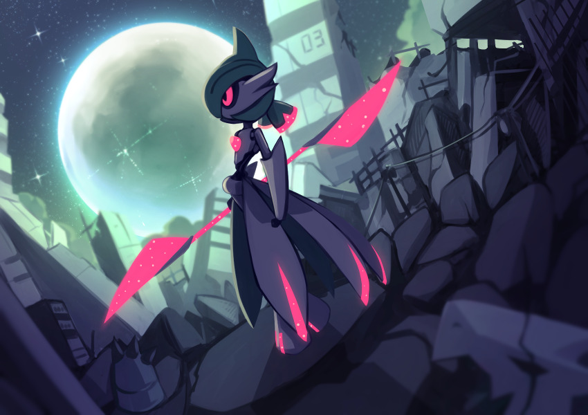 black_sclera, colored_sclera, commentary_request, from_side, glowing, highres, iron_valiant, looking_up, moon, night, nintendo, outdoors, pink_eyes, pokemon, pokemon_(creature), ruins, sky, solo, sparkle, standing, yottur