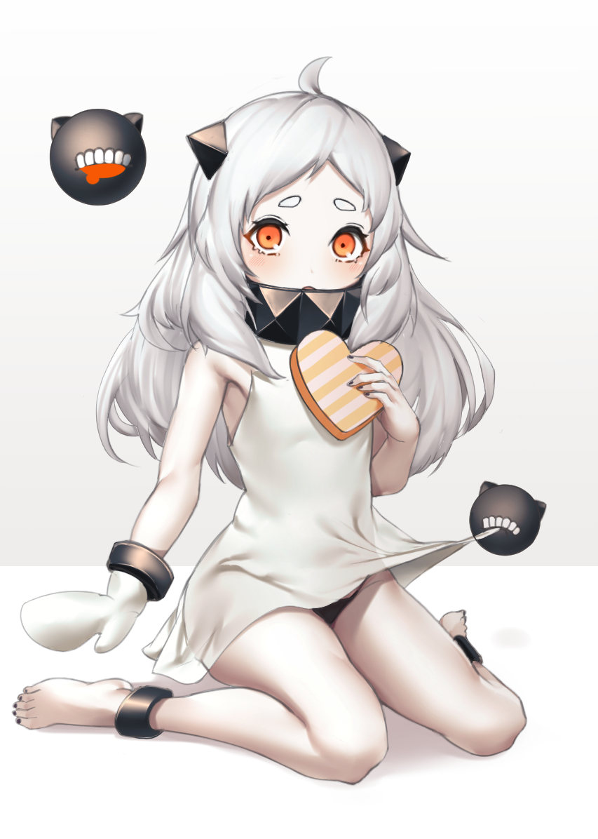 1girl, abyssal_ship, albino, barefoot, black_nails, black_panties, blush, colored_skin