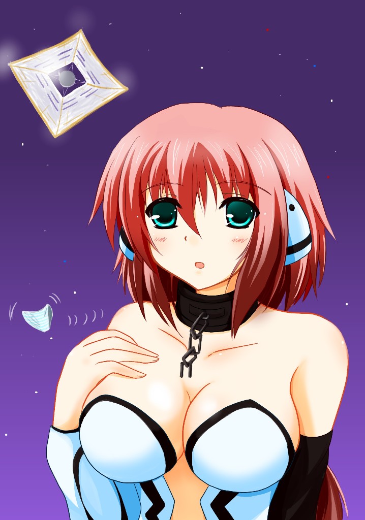 1girl, blush, breasts, chain, collar, female_focus, green_eyes, ikaros, ikaros_(spacecraft), kotsuka, large_breasts, name_connection, panties, pun, red_hair, robot_ears, solo, sora_no_otoshimono, spacecraft, underwear
