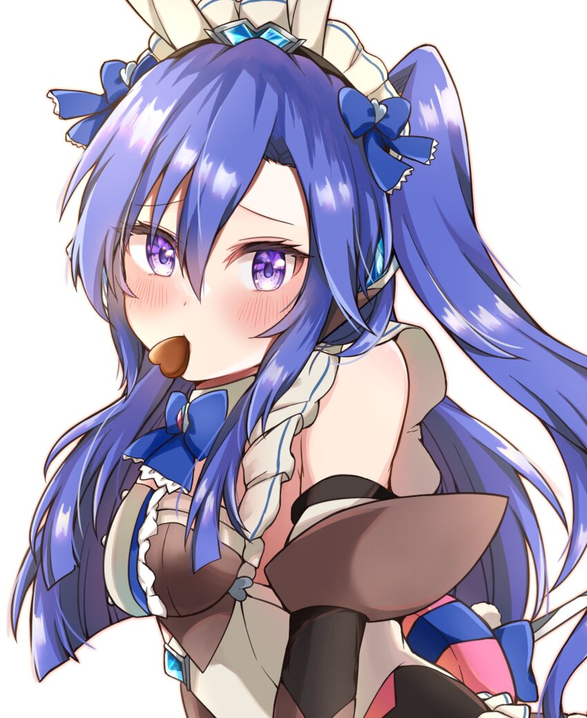 1girl, animal_ears, apron, blue_hair, blush, bow, candy, chocolate, chocolate_heart, detached_sleeves, food, frills, hair_between_eyes, heart, highres, kasaki_naru, kazanari_tsubasa, long_hair, looking_at_viewer, maid, maid_headdress, mouth_hold, purple_eyes, rabbit_ears, senki_zesshou_symphogear, senki_zesshou_symphogear_xd_unlimited, side_ponytail, simple_background, solo, upper_body, valentine, white_background