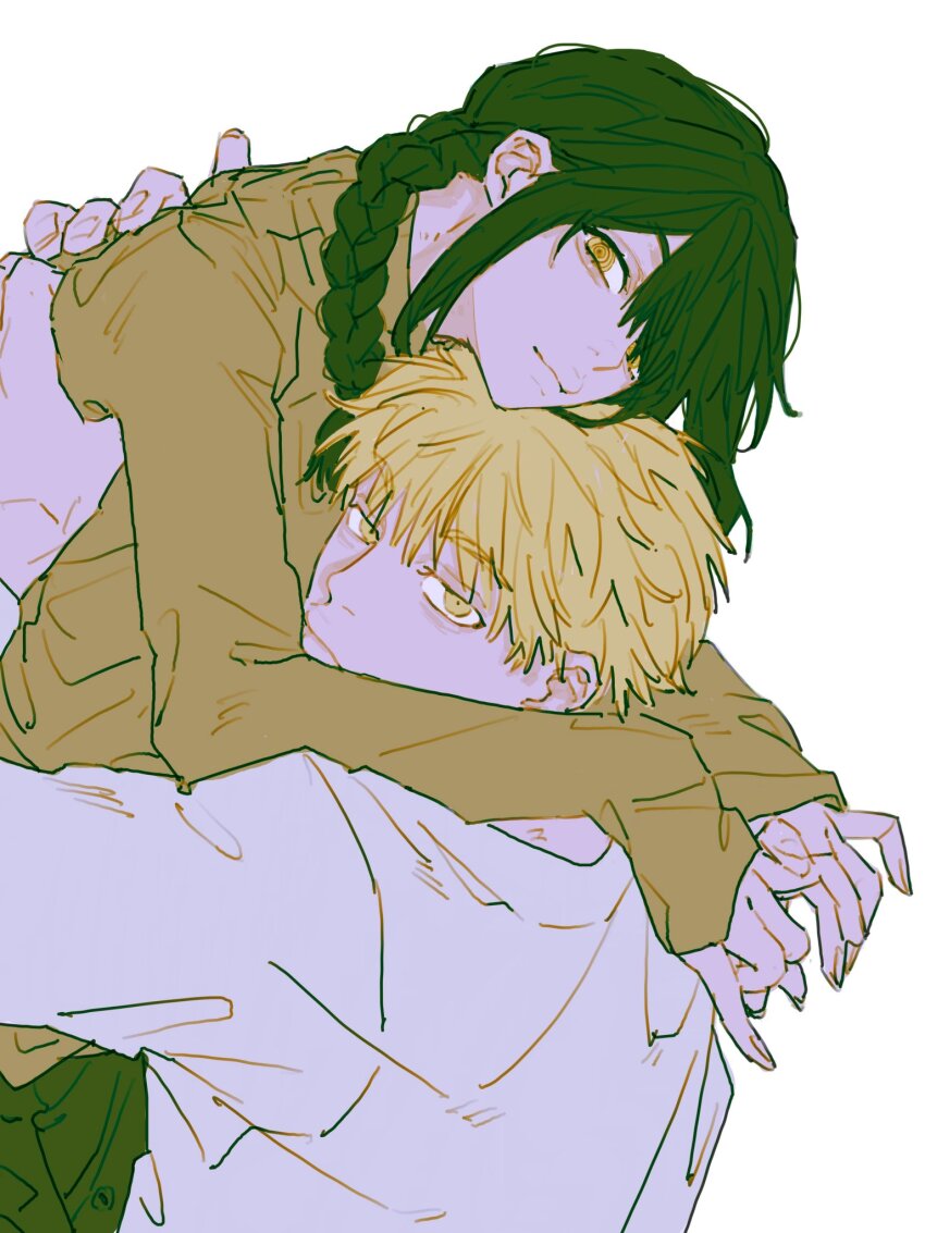 1boy, 1girl, black_hair, blonde_hair, braid, braided_ponytail, brown_sweater, chainsaw_man