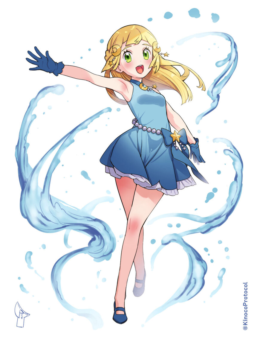 1girl, :d, armpits, bare_arms, bare_legs, beads, blonde_hair, blue_dress