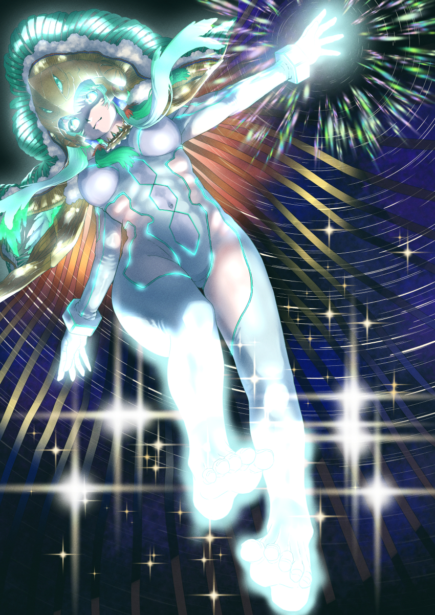 1girl, absurdres, barefoot, covered_navel, fate/grand_order, fate_(series), full_body, glowing, glowing_eyes, glowing_skin, green_hair, helmet, highres, kukulkan_(fate), kukulkan_(third_ascension)_(fate), nemaki_(nemaki87456), solo