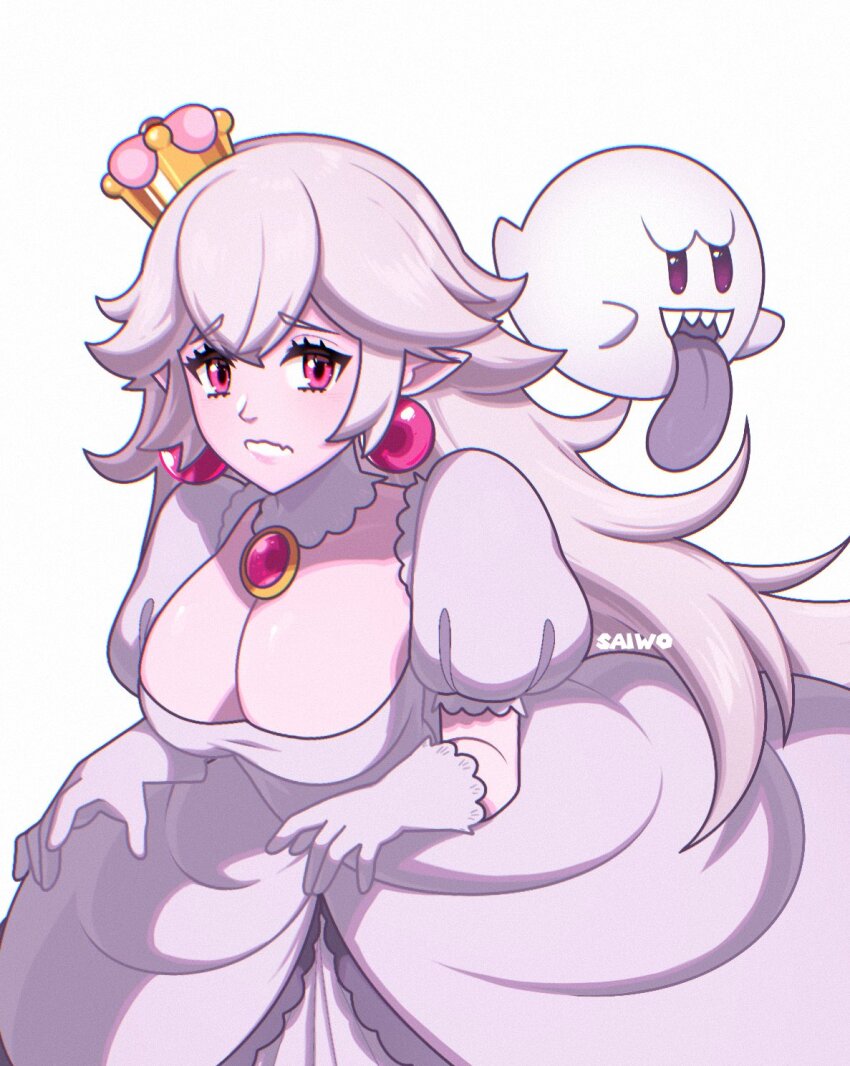 1girl, boo_(mario), breasts, cleavage, crown, dress, earrings, gloves