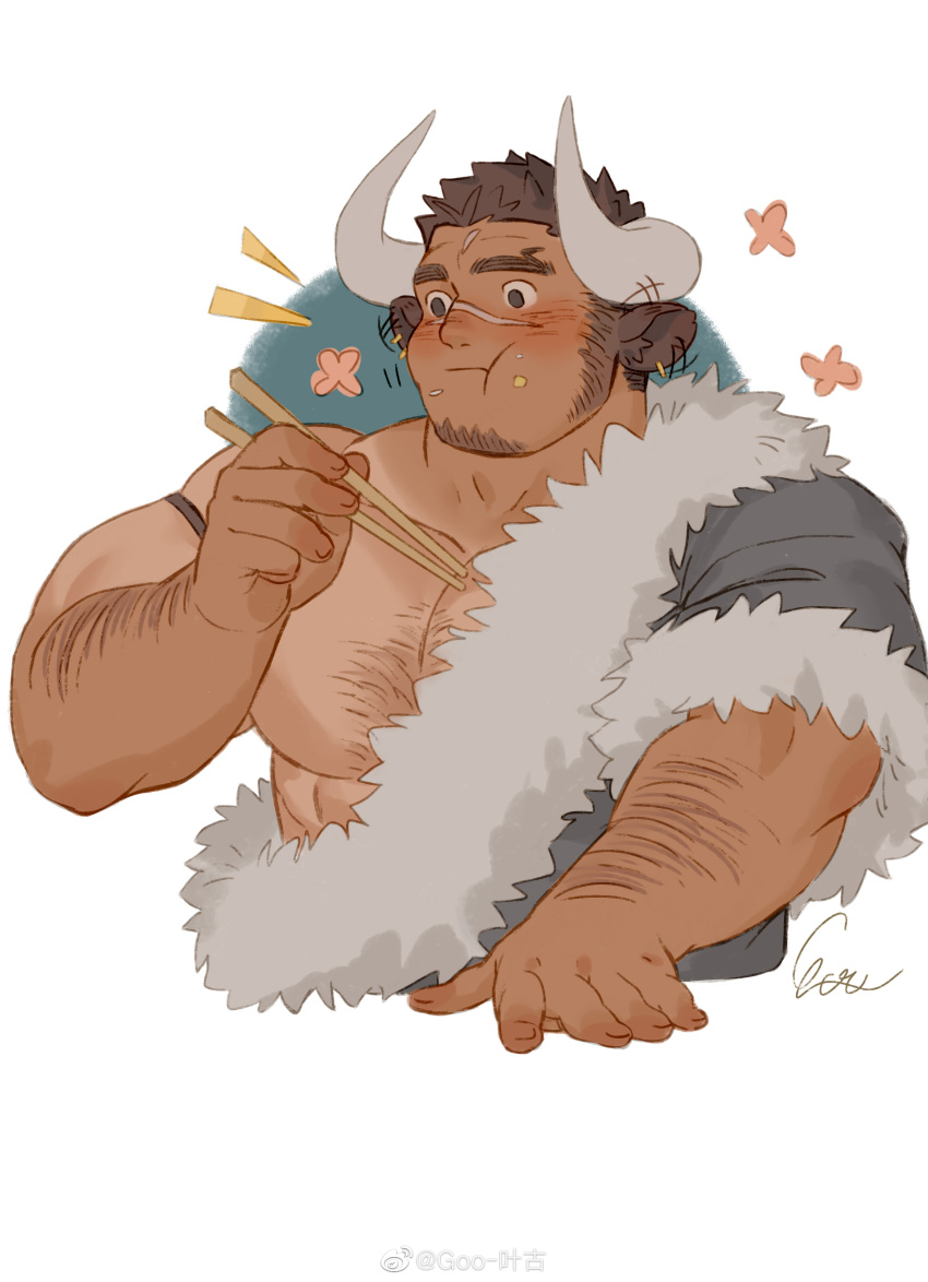 1boy, absurdres, animal_ears, arm_hair, bara, bare_pectorals, blush, brown_hair