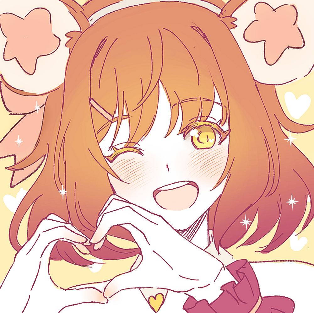 1girl, animal_ears, bare_shoulders, blush, brown_hair, detached_collar, eversoul, hair_ribbon, hamster_ears, hamster_girl, heart, heart_hands, mica_(eversoul), one_eye_closed, open_mouth, penkae, ribbon, scrunchie, short_hair, simple_background, solo, sparkle, star_(symbol), teeth, upper_body, upper_teeth_only, wrist_scrunchie, yellow_background, yellow_eyes