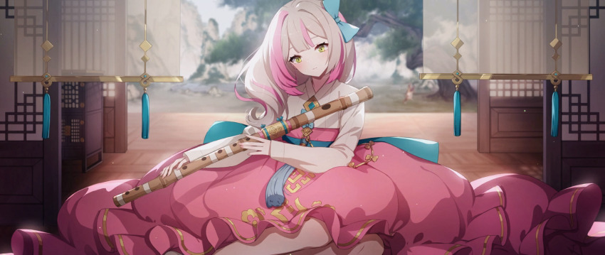 1girl, blush, bow, day, dress, eversoul, flute, frilled_skirt