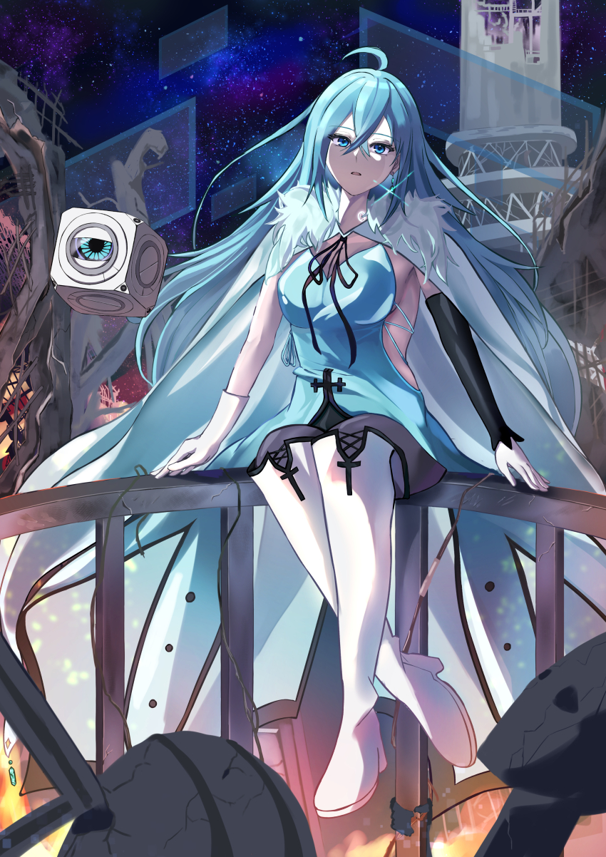 1girl, absurdres, ahoge, asymmetrical_sleeves, black_pantyhose, black_ribbon, black_sleeves, blue_eyes, blue_hair, boots, breasts, cleavage, detached_sleeves, dress, earrings, gloves, high_heel_boots, high_heels, highres, jewelry, long_hair, matsumoto_(vivy), medium_breasts, neck_ribbon, outdoors, pantyhose, parted_lips, ribbon, sitting, straight_hair, thigh_boots, very_long_hair, vivy, vivy:_fluorite_eye's_song, white_boots, white_gloves, white_sleeves, yuutera10