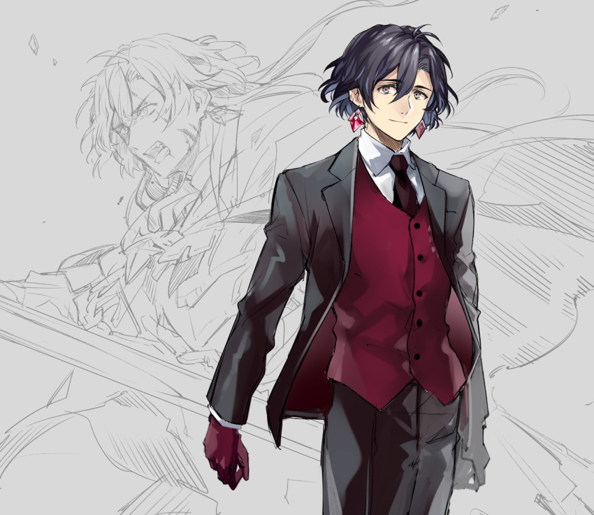 1boy, armor, black_hair, black_jacket, black_necktie, black_pants, black_suit, blood