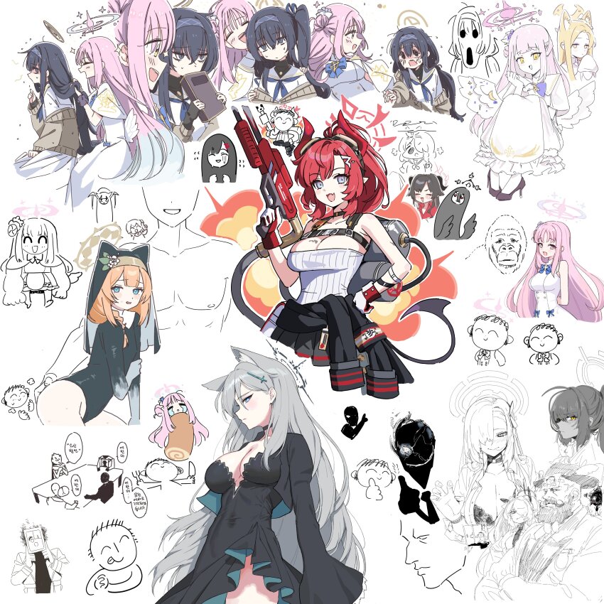 4boys, 6+girls, absurdres, alternate_costume, arona_(blue_archive), asuna_(blue_archive), beatrice_(blue_archive), black_suit_(blue_archive), blue_archive, cake, chibi, doodle_sensei_(blue_archive), explosion, food, fuuka_(blue_archive), golconda_&amp;_decalcomania_(blue_archive), gorilla, hasumi_(blue_archive), highres, ichika_(blue_archive), image_sample, iori_(blue_archive), justina_follower_(blue_archive), karin_(blue_archive), kasumi_(blue_archive), maestro_(blue_archive), mari_(blue_archive), megu_(blue_archive), mika_(blue_archive), multiple_boys, multiple_girls, school_uniform, seia_(blue_archive), sensei_(blue_archive), shiroko_terror_(blue_archive), swiss_roll, tablet_pc, tears, thumbs_up, twitter_sample, ui_(blue_archive), urrrt, white_background