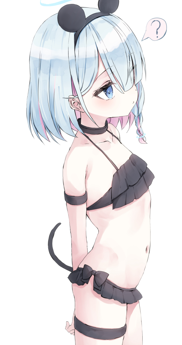 1girl, ?, arona_(blue_archive), bikini, black_bikini, blue_archive, blue_eyes, blue_hair