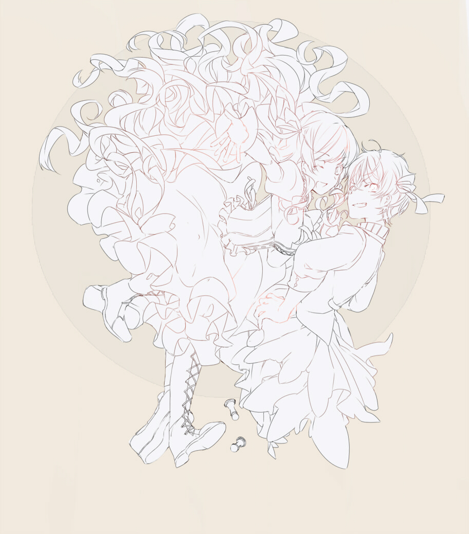 1boy, 1girl, alice_(taishou_x_alice), arisu_yurika, boots, corset, dress, greyscale_with_colored_background