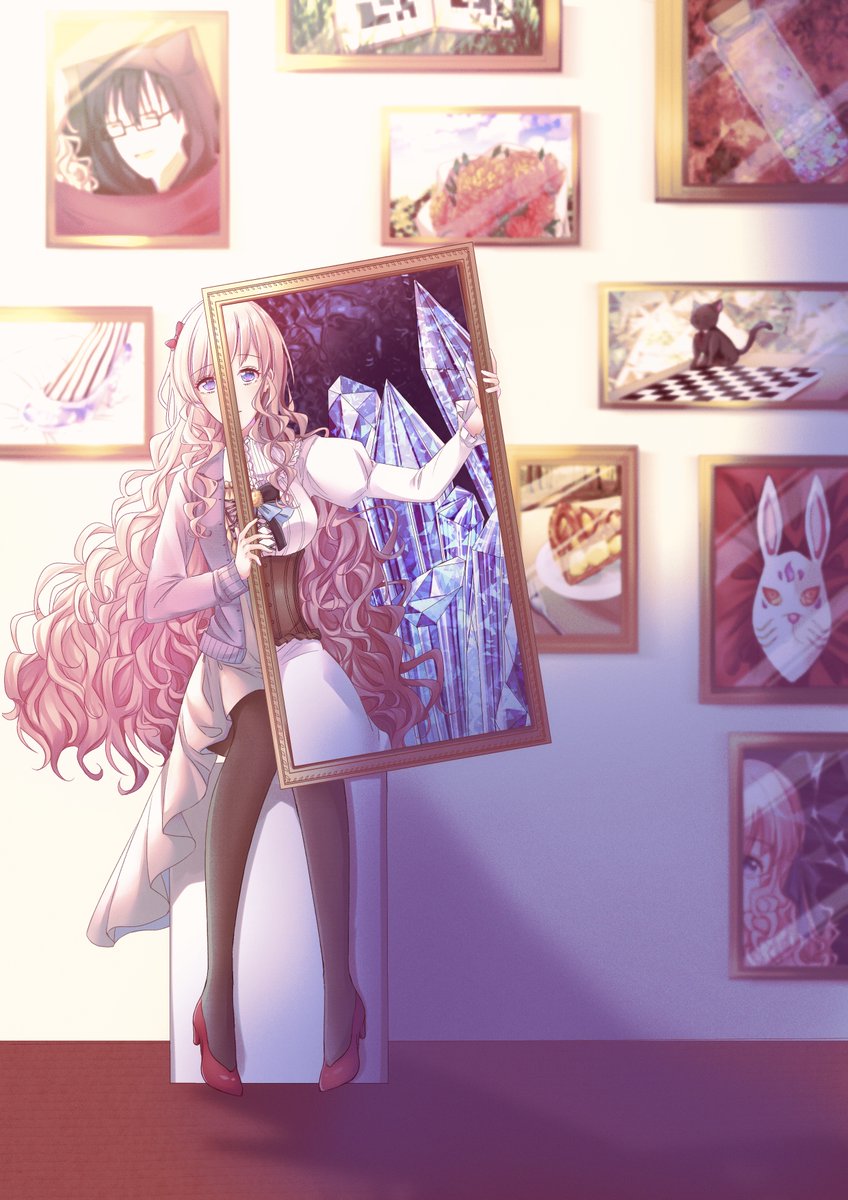 1boy, 1girl, apple_pie, arisu_yurika, blue_eyes, board_game, book, bouquet, brown_hair, carnation, cat, chess, dress, flower, glasses, hair_ribbon, highres, hood, hood_up, jar, light_brown_hair, long_hair, mask, ookami_(taishou_x_alice), open_book, picture_frame, ribbon, smilelesssoiree, taishou_x_alice, wavy_hair