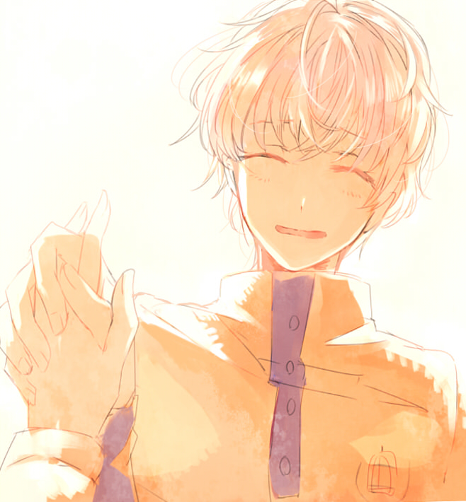 1boy, blue_jacket, blush, closed_eyes, facing_viewer, holding_hands, jacket, long_sleeves