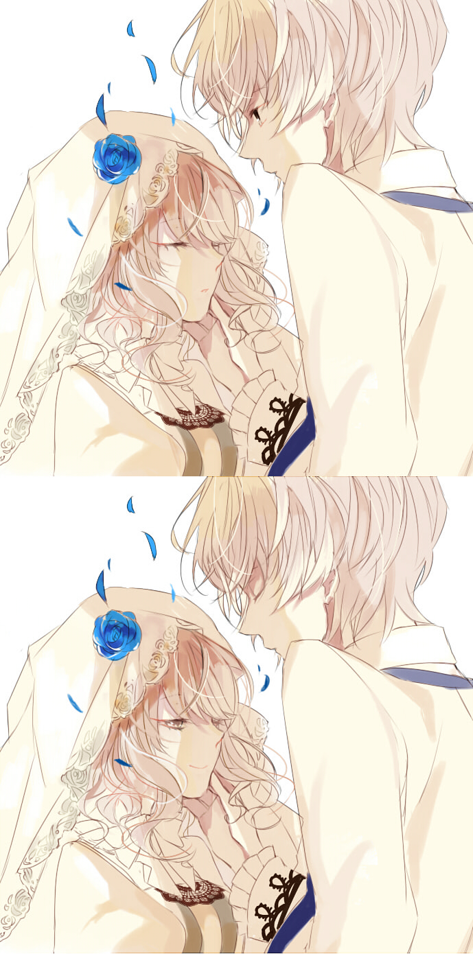 1boy, 1girl, blue_necktie, bridal_veil, brown_eyes, closed_eyes, collared_shirt, green_eyes