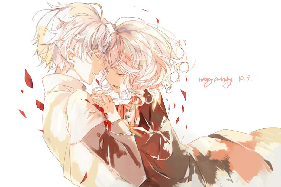 1boy, 1girl, black_jacket, black_shirt, closed_eyes, dated, facing_another, happy_birthday