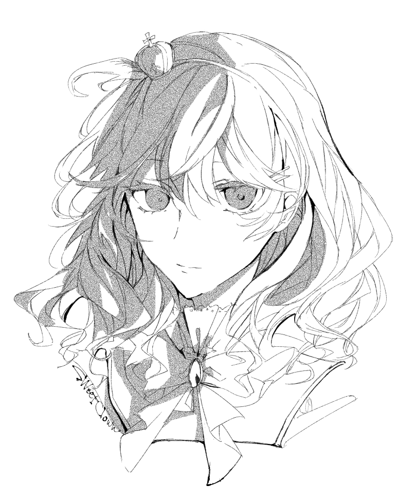 1girl, bow, closed_mouth, copyright_name, crown, expressionless, greyscale, hair_ornament, hairband, hairclip, kashino_zakuro, medium_hair, megochi, mini_crown, monochrome, profile, sketch, solo, sweet_clown, wavy_hair, white_background
